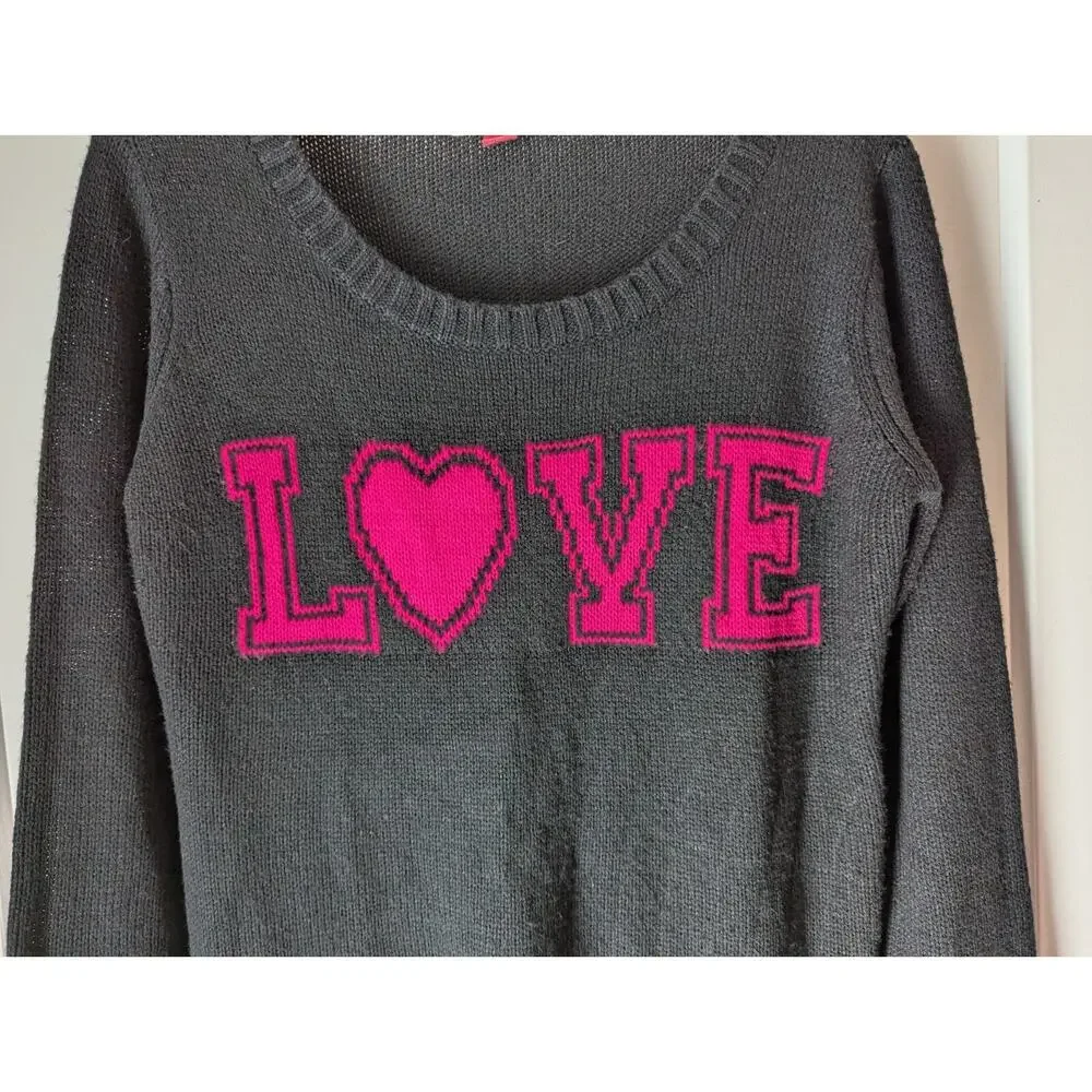 L.E.I. Vtg. Y2K Large Jr. High Low Sweater Black Hot Pink LOVE Preppy Spellout